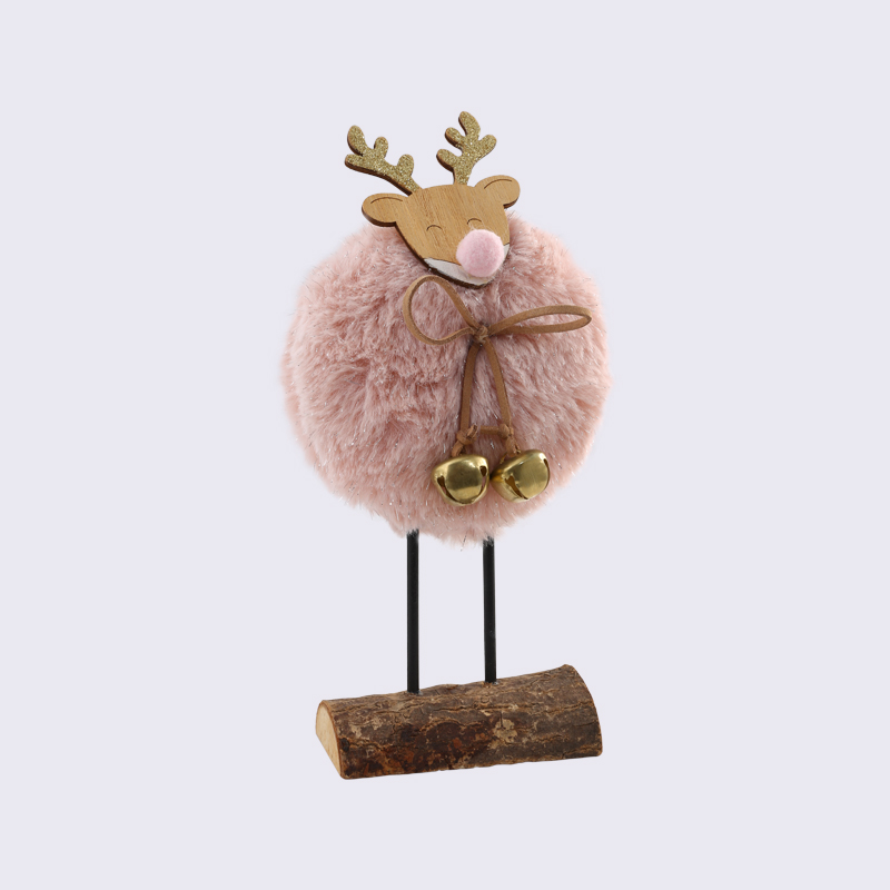 Pink Christmas Fur Ball Deer Head Bell Vertical Ornament